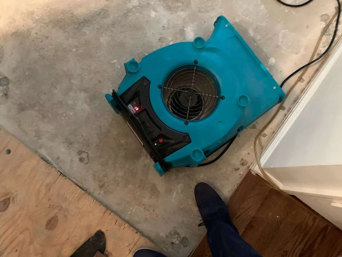 Air mover drying subfloor during Commercial Water Damage Restoration in Barbecue
